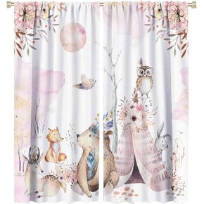Fall Animails Curtains for Kids, Rustic Cute Woodland Wild Animal Window Treatments Watercolor Autumn Leaves Cartoon Fox Deer Window Drapes for Nursery Toddler Bedroom 42x45in
