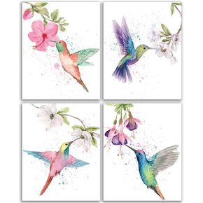 FALJIOK Colorful Birds Flower Branch Plants Art print, Set of 4(8"x10"), Watercolor Hummingbirds Flower Plants Illustration Wall Decor, Hummingbird Nature Art Poster for Home Office, Unframed