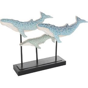Deco 79 Wooden Whale Decorative Sculpture Textured Home Decor Statue with Black Metal Stand, Accent Figurine 20" x 4" x 12", Blue