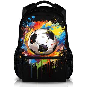Kids School Backpack for Boys Girls, 16" Black Soccer Backpacks for School, Cool Pattern Large Capacity Bookbag for Elementary