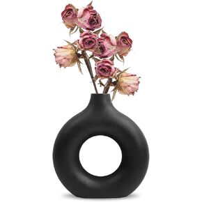 Circle Ceramic Vase Ins Style Circle Vase with Hole Simple Nordic Style, Black Creative Ceramic Vase Decoration, Suitable for Home/Wedding/Party/Dining Table (Large)