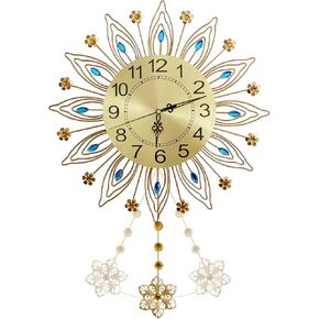 Modern Wall Clock with Pendulum Decor,Metal Sunflower Pendulum Clock,Silent Battery Operated Clock for Living Room,Kitchen Wall Decor(Peacock)