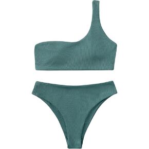 MakeMeChic Women's One Shoulder Asymmetrical Two Piece Bikini Sets High Cut Thong Swimsuit Bathing Suit