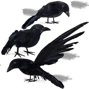 ATDAWN Halloween Birds, Black Feathered Crows, Realistic Looking Halloween Decoration Birds (3 Pack)