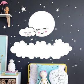 AM AMAONM 5 Sheets of 11x36inch Removable Large Cartoon White Smile Cloud and Moon Wall Sticker DIY Peel and Stick Star Wall Decor Decals for Girls Baby Kids Nursery Bedroom Decoration (XL)