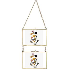 JUXYES Set of 2 Wall Hanging Brass Picture Frame, Glass Hanging Picture Artwork Display Frame, Double Glass Floating Frame Style Gallery Wall Frame for Picture, Pressed Flower, Poster, etc, 5x7 Inches