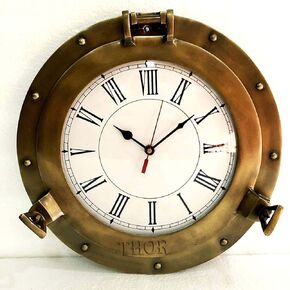 THOR INSTRUMENTS Vintage Marine Brass Ship Wall Porthole Clock-Analog Clock-Nautical Clock-Home Decor-Clock (Clock Size 3" Full Size 9", Brass)
