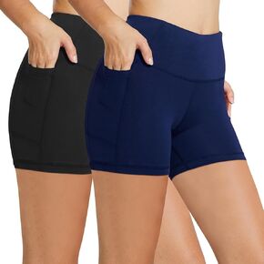 BALEAF Biker Shorts Women Yoga Gym Workout Spandex Running Volleyball Tummy Control Compression Shorts with Pockets 5" 2-Pack Black/Navy Blue S in Saudi Arabia