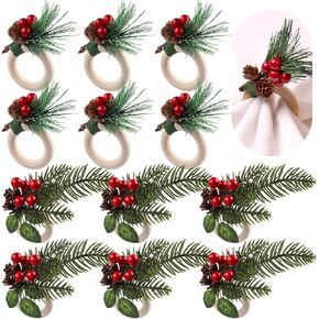 12PCS Christmas Napkin Rings, Lorvain Xmas Napkin Buckles Set Pine Cones Needles Napkin Holders Wooden Tableware Supplies for Christmas Holiday Dinner Table Decoration (Wood)