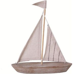 The Bridge Collection Neutral Wooden Sailboat Figurine - Small Tabletop Boat Decor with Striped Sail - Sailboat Table Top Figurine for Nautical, Coastal Decor