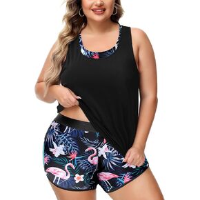 Women Plus Size 3 Piece Tankini Swimsuits Athletic Bathing Suits with Boy Shorts Tank Top with Sports Bra