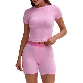 Two Piece Outfits for Women Matching Set Tracksuit Casual Workout Clothes Cotton Ribbed T-shirt Boxer Shorts