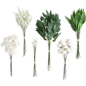Lookein Artificial Green Stems Bulk, 82 Pcs with 6 Kinds Fake Greenery Filler Stems for Greenery Wedding Bouquet with Artificial Eucalyptus Stem for Centerpieces for Vases, Blessed White