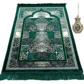 Modefa Turkish Islamic Prayer Rug | Soft Velvet Janamaz Praying Carpet | Muslim Praying Mat for Men & Women Ramadan or Eid | with Car Hanger | Classic Elegant Swirl (Green)