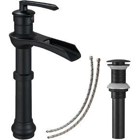 Black Vessel Sink Faucet Farmhouse Waterfall Matte for Bathroom Tall Single Hole with Pop up Drain without Overflow Bowl Sink Mixer Tap Bath Vanity
