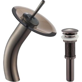 Kraus KGW-1700-PU-10ORB-BRCL Single Lever Vessel Glass Waterfall Bathroom Faucet Oil Rubbed Bronze with Brown Clear Glass Disk and Pop Up Drain