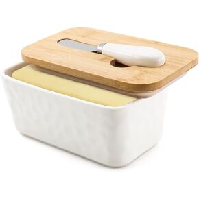 MAWEIRI Ceramic Large Butter Dish with Lid, Double Silicone Seals Butte Keeper Stone Pattern Rectangle(White) (1, Large(White))