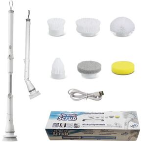 Electric Spin Scrubber - Cordless Cleaning Head with 6 Replaceable Brushes - 90° Rotatable - Ideal for Floor, Window, Cars - Ivory White