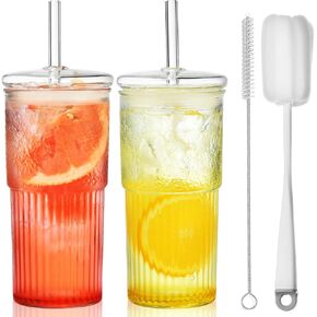 ALINK Glass Cups with Glass Lids and Straws, 22 oz High Borosilicate Clear Iced Coffee Glass Tumblers, Drinking Glass Smoothie Tea Water Cups, Pack of 2 with Cleaning Brush