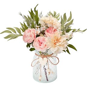 LUEUR Fake Flowers with Vase, Pink Silk Roses Artificial Flowers Silk Flowers Arrangement in Vase Suitable for Home Spring Decor Office Decoration, Dining Table Centerpiece Kitchen Bathroom