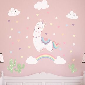 White Llama Unicorn Rainbown Flowers and Hearts Wall Decals for Girl's Room - Kids and Stickers