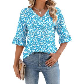 LOMON 3/4 Length Sleeve Womens Tops Summer V-Neck Blouses Spring Ruffle Sleeve Tunic T-Shirts Dressy Casual