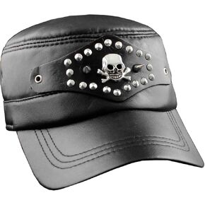 Leather Cap Biker hat Skull Studded Motorcycle Black Adjustable