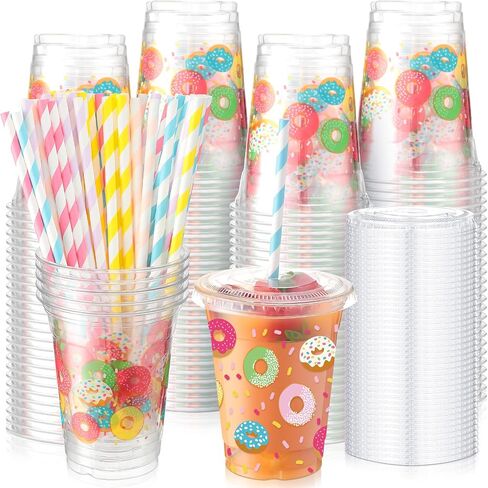 meekoo Dog Paw Plastic Cups, 12 oz, 50 Sets, Clear, Disposable, with Lids and Straws, for Parties and Celebrations in Kuwait