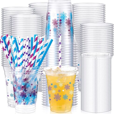 meekoo Dog Paw Plastic Cups, 12 oz, 50 Sets, Clear, Disposable, with Lids and Straws, for Parties and Celebrations in Kuwait