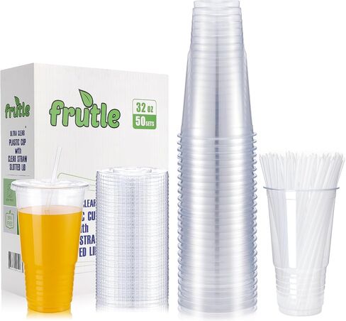 32oz Plastic Cups with Lids and Straws, Disposable Cups for Iced Coffee,Cold Drinks, Milkshake, Bubble Tea，Smoothie and TO-GO Drinkings[50Sets Pack] in Saudi Arabia