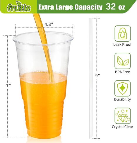 32oz Plastic Cups with Lids and Straws, Disposable Cups for Iced Coffee,Cold Drinks, Milkshake, Bubble Tea，Smoothie and TO-GO Drinkings[50Sets Pack] in Saudi Arabia