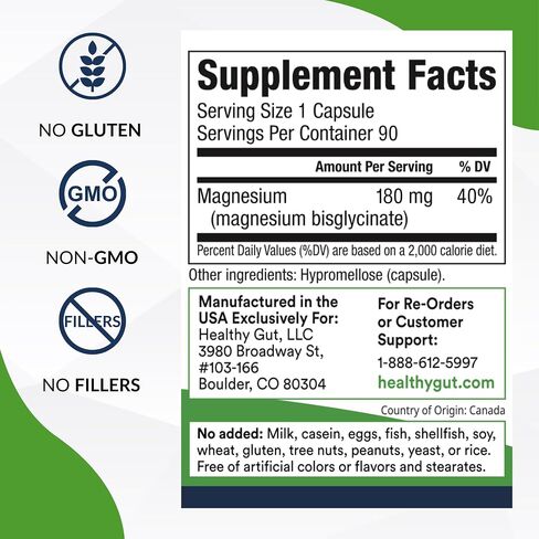 Healthy Gut Magnesium-HP | Ultra Pure Glycinate with Zero Fillers | 180 mg Magnesium Glycinate | 60 Servings in Saudi Arabia