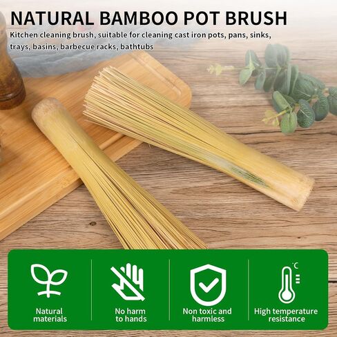 Bamboo Pot Brush, Refined Kitchen Cleaning Brush, Traditional Natural Bamboo Wok Brush, One Piece Structure,Powerfully Scrub Pots and Jars of Stains, 2 Pack (Large, Flat Mouth) in Saudi Arabia