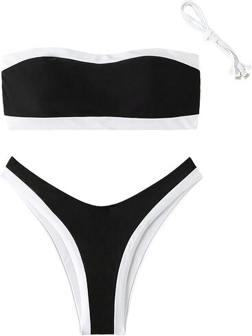 GORGLITTER Women's Strapless Bandeau Swimsuit Colorblock High Cut Thong Bikini Set Bathing Suits in Saudi Arabia