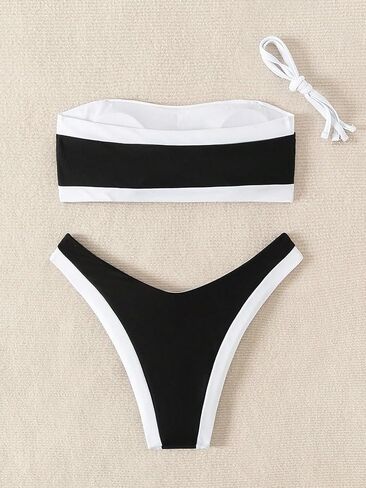 GORGLITTER Women's Strapless Bandeau Swimsuit Colorblock High Cut Thong Bikini Set Bathing Suits in Saudi Arabia