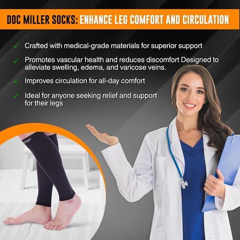 Doc Miller Calf Compression Sleeve Men - 30-40 mmHg, Medical Grade Calf Sleeves for Men and Women Supports Shin Splints, and Varicose Veins Recovery - Knee High -1 Pair Large Size - Black Calf Sleeve in Saudi Arabia
