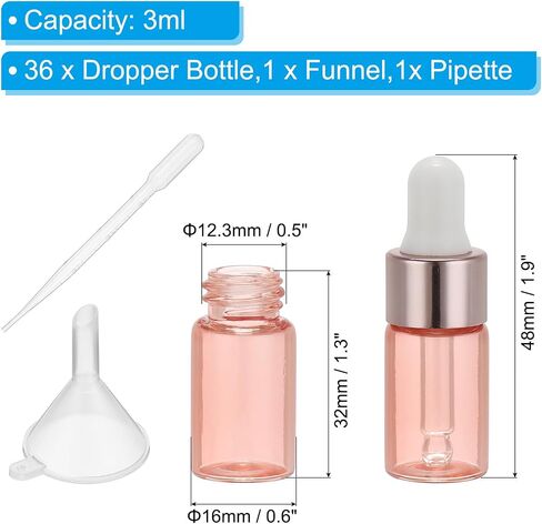 PATIKIL 3ml Glass Dropper Bottle, 36Pcs Leakproof Eye Dropper Essential Oils Sample Liquid Perfume Container with Pipette Funnel for Storage Home Travel, Clear Pink in Saudi Arabia