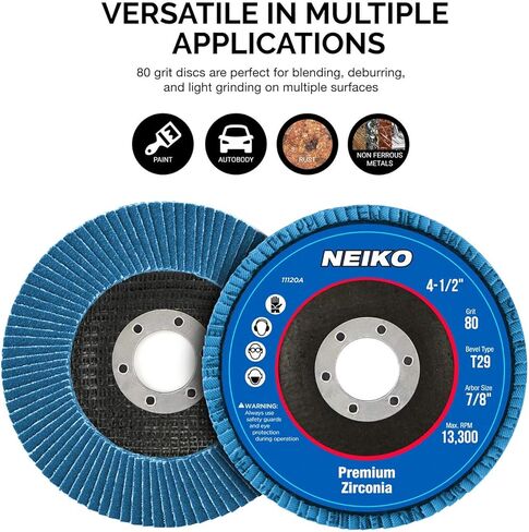 NEIKO 11120A 10 أقراص زركونيا رفرف 4-1/2 لمطحنة الزوايا، عجلة فلابر 80 حبيبة، عجلة طحن T29 بزاوية 4.5 بوصة، قرص طحن أربور 7/8 بوصة (عبوة من 180) in Kuwait