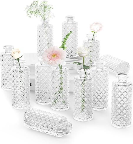 Vintage Decor Bud Vases Set of 12, Mini Bud Vases in Bulk, Small Vases for Flowers, Glass Vases for Centerpieces, Diamond Bud Vase for Home Decor, Wedding Decorations in Saudi Arabia