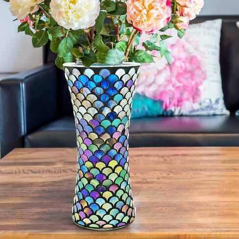 Mosaic Flower Vase Decorative Glass Vase Handmade Vases for Flower Glass Centerpiece Vase for Home Office Living Room Wedding Decorations (Blue) in Saudi Arabia