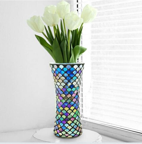 Mosaic Flower Vase Decorative Glass Vase Handmade Vases for Flower Glass Centerpiece Vase for Home Office Living Room Wedding Decorations (Blue) in Saudi Arabia