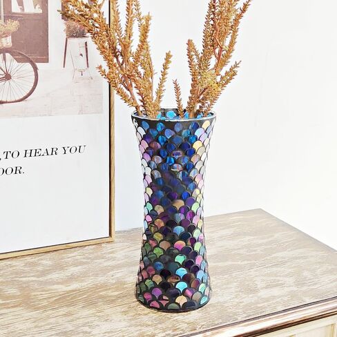 Mosaic Flower Vase Decorative Glass Vase Handmade Vases for Flower Glass Centerpiece Vase for Home Office Living Room Wedding Decorations (Blue) in Saudi Arabia