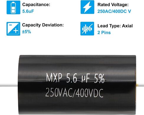 PATIKIL 5.6uF 250AC/400DC V CBB20 Capacitor, 2 Pcs Axial Audio Speaker Crossover Step-Less Film Capacitor MKP Capacitor for Audio Equipment Appliances, Black in Saudi Arabia