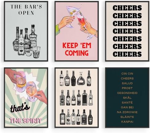 Funky Bar Cart Decor Poster Set of 6 Vintage Trendy Black and White Cocktail Wall Art Colorful Bar Aesthetic Art Print for Living Room Restaurant Apartment Kitchen Home Wall Decor 8x10inch Unframed in Saudi Arabia