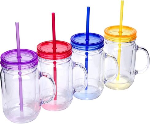 Plastic Mason Jars with Handles, Lids and Straws | 20 oz Double Insulated Tumbler with Straw | 4 Pack Set of 4 | Wide Mouth Mason Jar Mugs | Cups for Kids and Adults… in Saudi Arabia
