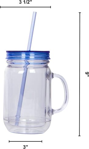 Plastic Mason Jars with Handles, Lids and Straws | 20 oz Double Insulated Tumbler with Straw | 4 Pack Set of 4 | Wide Mouth Mason Jar Mugs | Cups for Kids and Adults… in Saudi Arabia