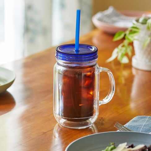 Plastic Mason Jars with Handles, Lids and Straws | 20 oz Double Insulated Tumbler with Straw | 4 Pack Set of 4 | Wide Mouth Mason Jar Mugs | Cups for Kids and Adults… in Saudi Arabia
