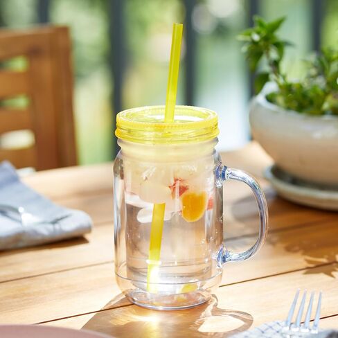 Plastic Mason Jars with Handles, Lids and Straws | 20 oz Double Insulated Tumbler with Straw | 4 Pack Set of 4 | Wide Mouth Mason Jar Mugs | Cups for Kids and Adults… in Saudi Arabia