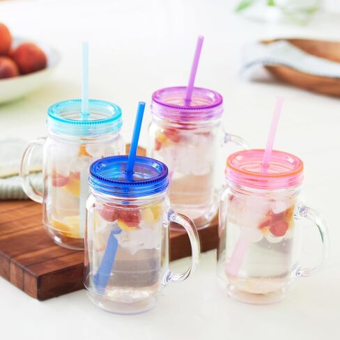 Plastic Mason Jars with Handles, Lids and Straws | 20 oz Double Insulated Tumbler with Straw | 4 Pack Set of 4 | Wide Mouth Mason Jar Mugs | Cups for Kids and Adults… in Saudi Arabia