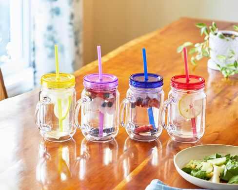 Plastic Mason Jars with Handles, Lids and Straws | 20 oz Double Insulated Tumbler with Straw | 4 Pack Set of 4 | Wide Mouth Mason Jar Mugs | Cups for Kids and Adults… in Saudi Arabia